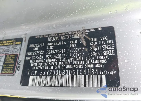 2013 Hyundai Santa Fe Sport z USA, uszkodzony, nr VIN 5XYZU3LB3DG104184